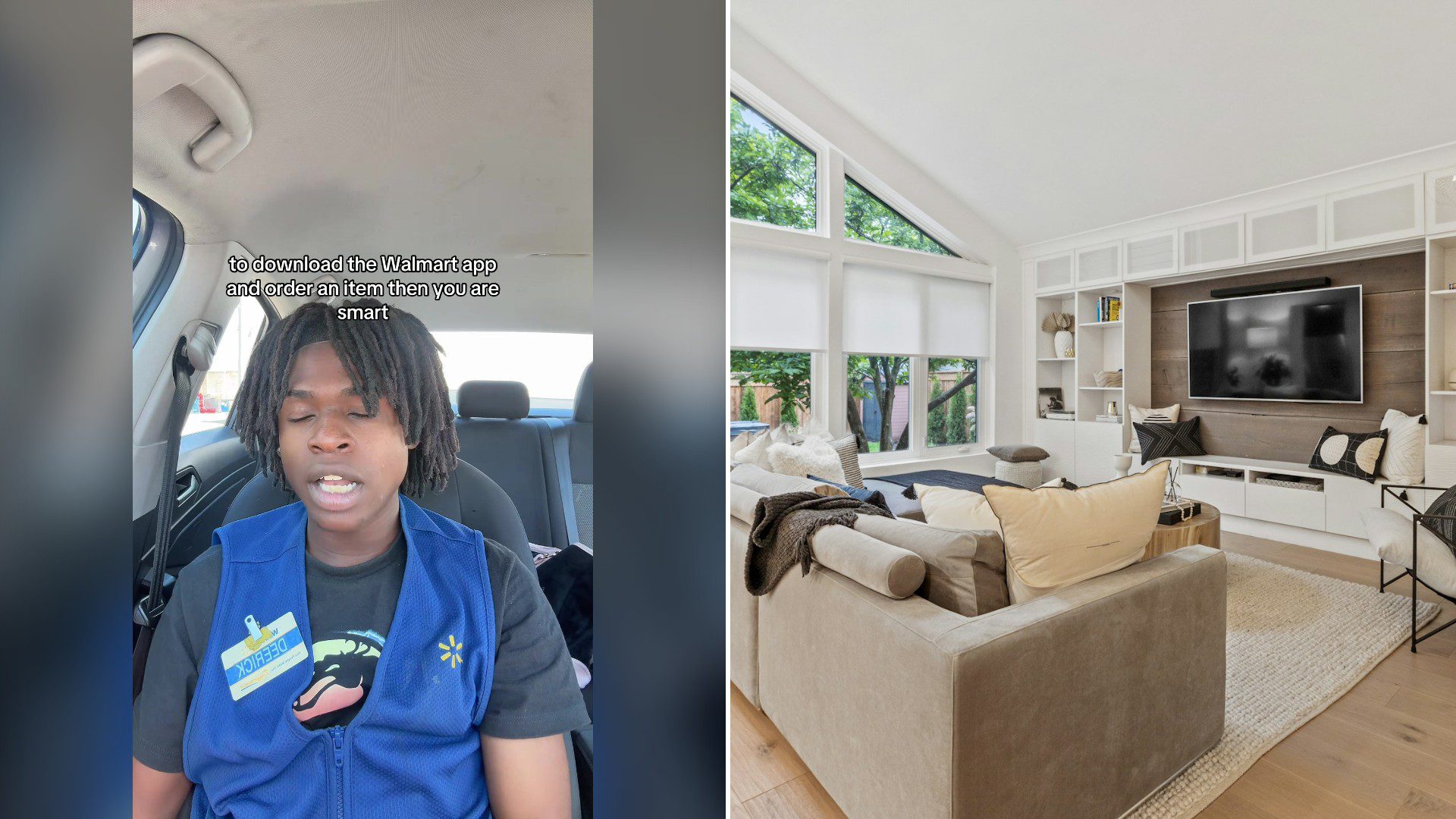 Split image with the cover of @skylouieeeee's TikTok video, where a young man in a blue Walmart vest sits in a car, talking, with a caption about downloading the Walmart app above his head, on the left and an Unsplash photo by Point3D Commercial Imaging Ltd. on the right showing black flat-screen TV on a white wooden TV rack