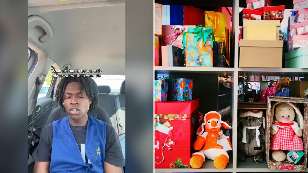 Split image with the cover of @skylouieeeee's TikTok video, where a young man in a blue Walmart vest sits in a car with his eyes down, with small caption text above him, on the left and an Unsplash photo by Dmitry Burdakov on the right showing shelf filled with boxes and stuffed animals