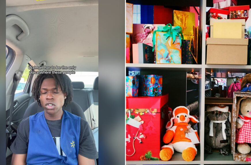Split image with the cover of @skylouieeeee's TikTok video, where a young man in a blue Walmart vest sits in a car with his eyes down, with small caption text above him, on the left and an Unsplash photo by Dmitry Burdakov on the right showing shelf filled with boxes and stuffed animals
