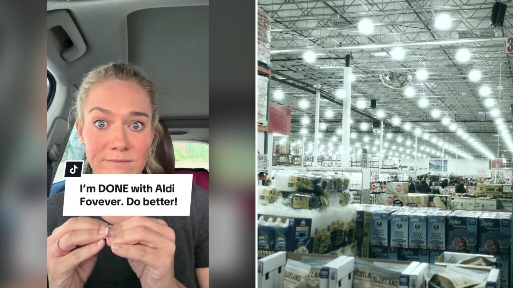 Split image with the cover of @midlifemomtok's TikTok video, where a blonde woman in a car with wide eyes and hands clasped holds a sign reading 'I'm DONE with Aldi Forever. Do better!', on the left and an Unsplash photo by Ximin Lin on the right showing wide aisle in a brightly lit warehouse store