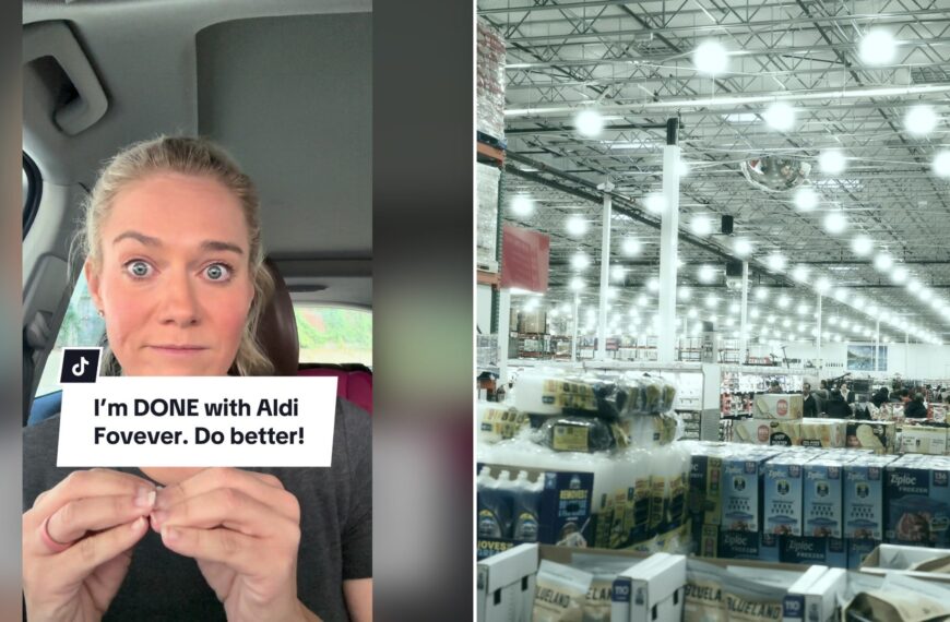 Split image with the cover of @midlifemomtok's TikTok video, where a blonde woman in a car with wide eyes and hands clasped holds a sign reading 'I'm DONE with Aldi Forever. Do better!', on the left and an Unsplash photo by Ximin Lin on the right showing wide aisle in a brightly lit warehouse store