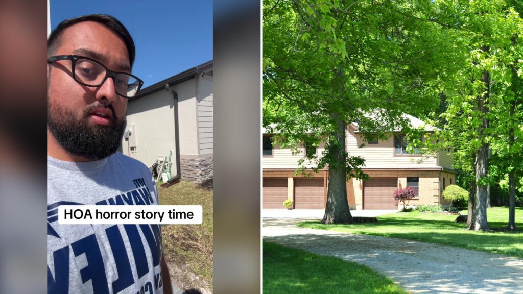Split image with the cover of @youcallmeaashik's TikTok video, where a bearded man in glasses and a gray t-shirt stands outdoors in front of a house under the words 'HOA horror story time', on the left and an Unsplash photo by Roger Starnes Sr on the right showing two-story house with three garage doors surrounded by trees