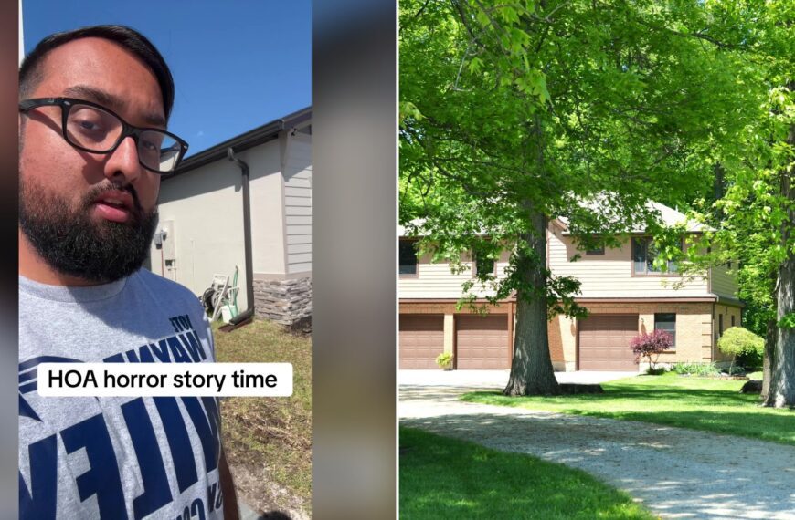 Split image with the cover of @youcallmeaashik's TikTok video, where a bearded man in glasses and a gray t-shirt stands outdoors in front of a house under the words 'HOA horror story time', on the left and an Unsplash photo by Roger Starnes Sr on the right showing two-story house with three garage doors surrounded by trees