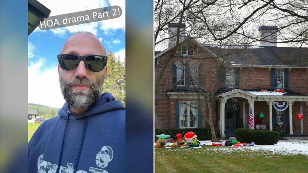 Split image with the cover of @alaskascape's TikTok video, where a bald bearded man in sunglasses and a navy hoodie stands outdoors under a tilted 'HOA drama Part 2!' tag, on the left and an Unsplash photo by Roger Starnes Sr on the right showing brick house decorated for the holidays with gnomes and lights