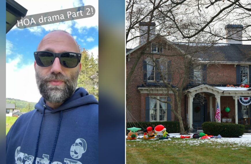 Split image with the cover of @alaskascape's TikTok video, where a bald bearded man in sunglasses and a navy hoodie stands outdoors under a tilted 'HOA drama Part 2!' tag, on the left and an Unsplash photo by Roger Starnes Sr on the right showing brick house decorated for the holidays with gnomes and lights