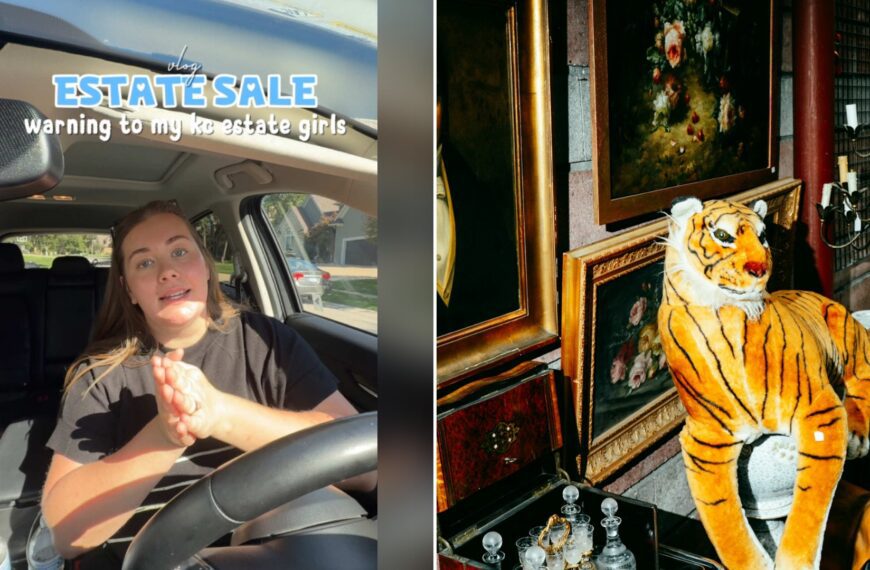 Split image with the cover of @claireohnemus's TikTok video, where a woman in a black t-shirt sits in the driver's seat of a car under the words 'ESTATE SALE' and 'warning to my kc estate girls', on the left and an Unsplash photo by Tom Caillarec on the right showing antique tiger figurine displayed with paintings and curios