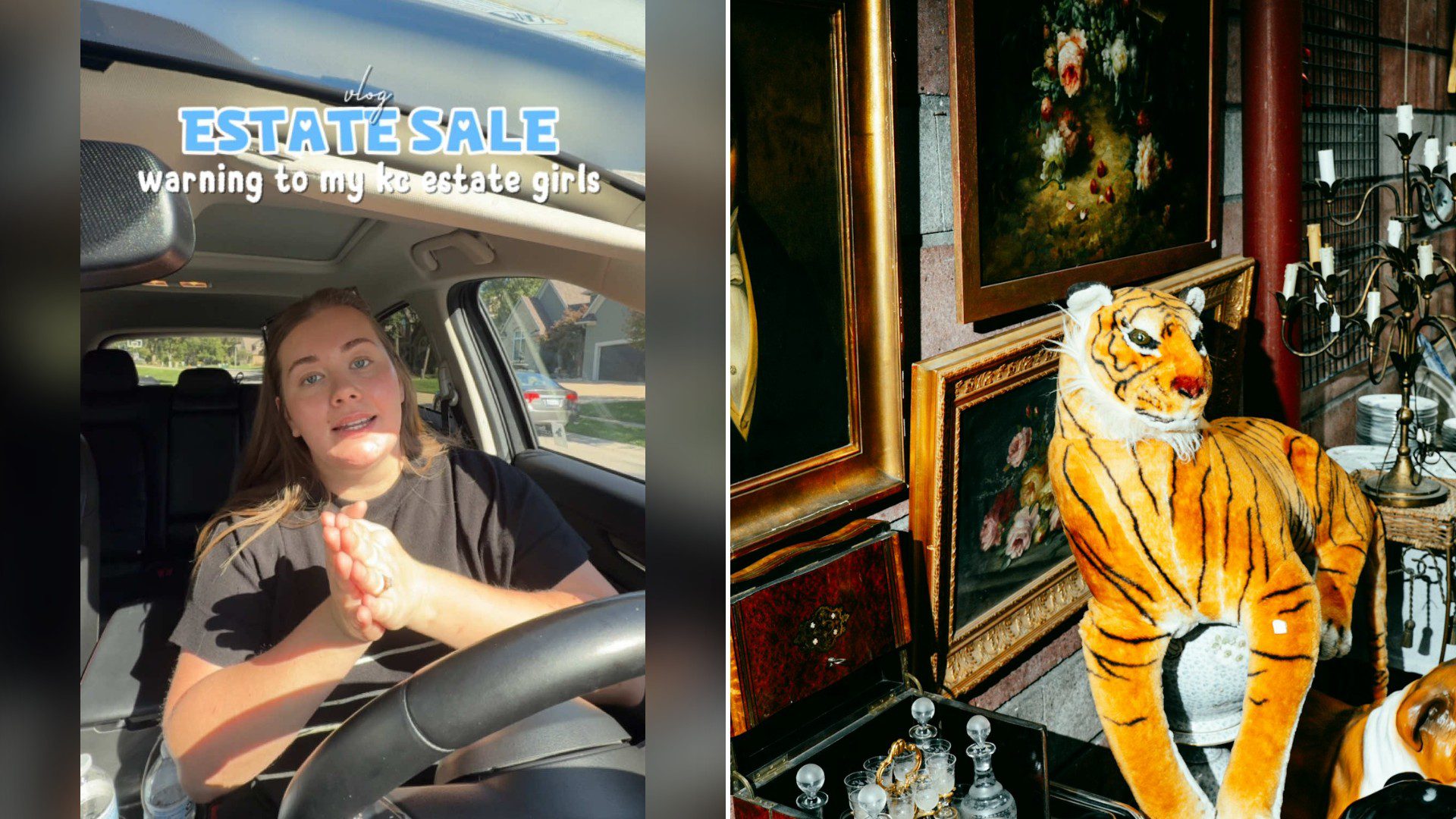 Split image with the cover of @claireohnemus's TikTok video, where a woman in a black t-shirt sits in the driver's seat of a car under the words 'ESTATE SALE' and 'warning to my kc estate girls', on the left and an Unsplash photo by Tom Caillarec on the right showing antique tiger figurine displayed with paintings and curios