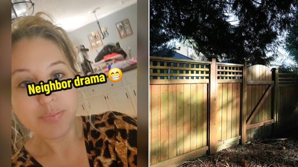 Split image with the cover of @ashsway's TikTok video, where a woman in a leopard-print top stands in a kitchen under the words Neighbor drama, on the left and an Unsplash photo by QY Liu on the right showing a wooden fence with a gate on a sunny day