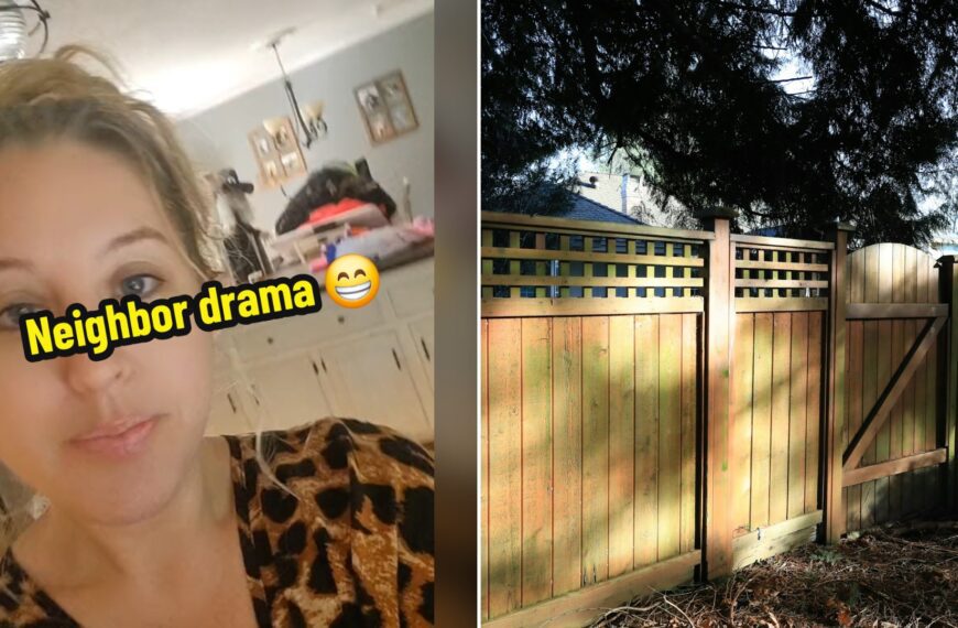 Split image with the cover of @ashsway's TikTok video, where a woman in a leopard-print top stands in a kitchen under the words Neighbor drama, on the left and an Unsplash photo by QY Liu on the right showing a wooden fence with a gate on a sunny day