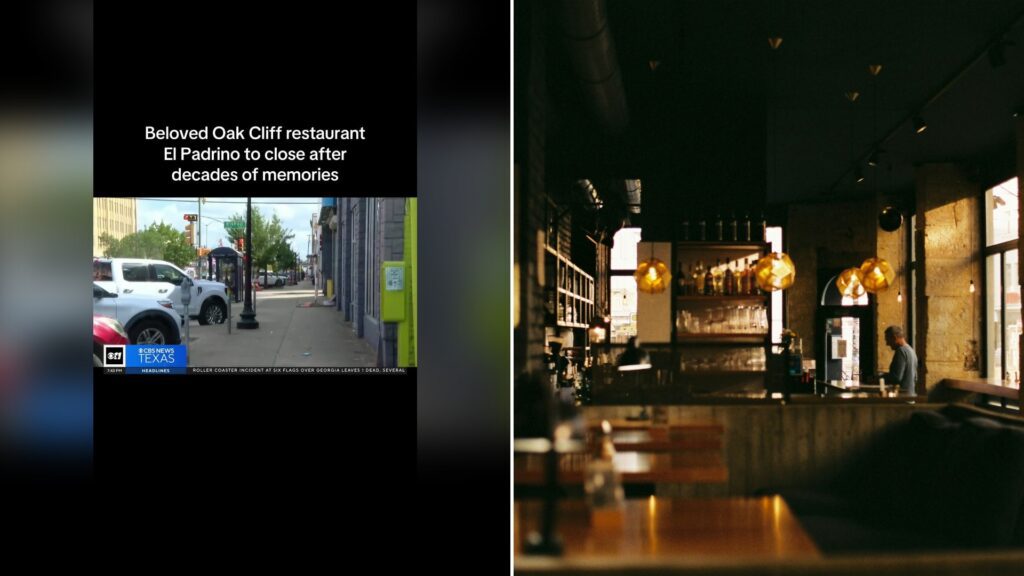 Split image with the cover of @marissaarmas's TikTok video, where a news-clip street scene under the words 'Beloved Oak Cliff restaurant El Padrino to close after decades of memories', on the left and an Unsplash photo by Oliver Guhr on the right showing dimly lit restaurant with tables and chairs
