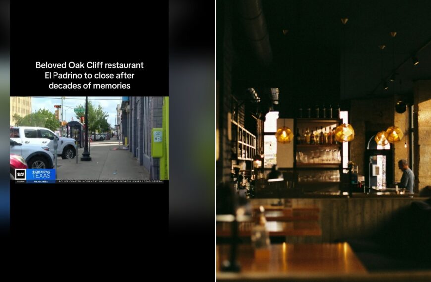 Split image with the cover of @marissaarmas's TikTok video, where a news-clip street scene under the words 'Beloved Oak Cliff restaurant El Padrino to close after decades of memories', on the left and an Unsplash photo by Oliver Guhr on the right showing dimly lit restaurant with tables and chairs