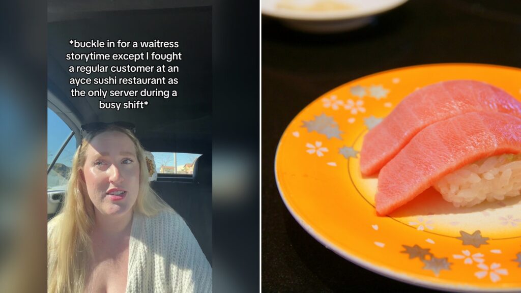 Split image with the cover of @myfatherfoundthis's TikTok video, where a blonde woman in a cream cardigan sits in a car under the text 'buckle in for a waitress storytime except I fought a regular customer at an ayce sushi restaurant as the only server during a busy shift', on the left and an Unsplash photo by Akari on the right showing two pieces of tuna nigiri sushi on an orange floral plate