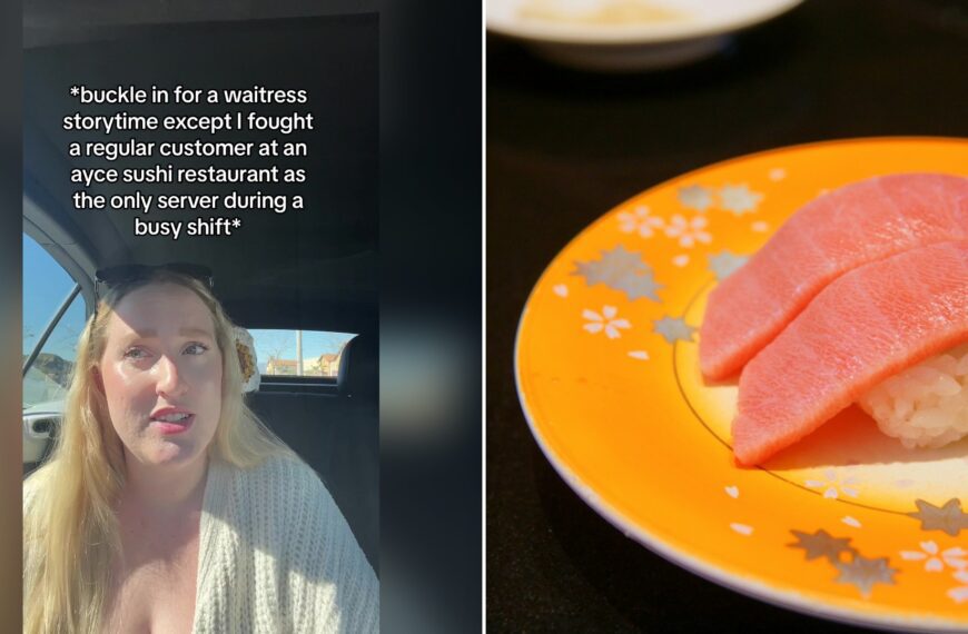 Split image with the cover of @myfatherfoundthis's TikTok video, where a blonde woman in a cream cardigan sits in a car under the text 'buckle in for a waitress storytime except I fought a regular customer at an ayce sushi restaurant as the only server during a busy shift', on the left and an Unsplash photo by Akari on the right showing two pieces of tuna nigiri sushi on an orange floral plate