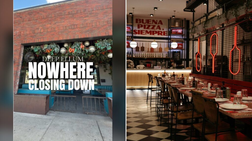 Split image with the cover of @thedevontee's TikTok video, where a brick storefront with holiday greenery and teal trim under the words 'Deep Ellum NOWHERE CLOSING DOWN', on the left and an Unsplash photo by daniel mironov on the right showing restaurant interior with a checkered floor and neon signs