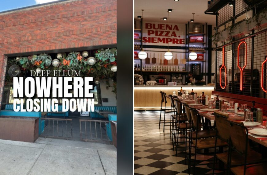 Split image with the cover of @thedevontee's TikTok video, where a brick storefront with holiday greenery and teal trim under the words 'Deep Ellum NOWHERE CLOSING DOWN', on the left and an Unsplash photo by daniel mironov on the right showing restaurant interior with a checkered floor and neon signs