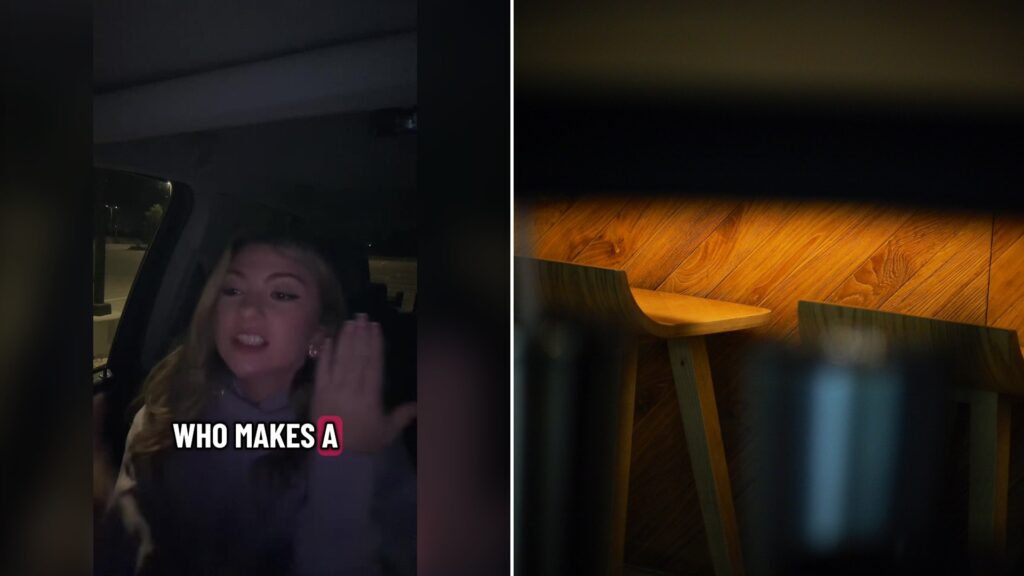 Split image with the cover of @mydearest.jo's TikTok video, where a woman in a dark car at night waves her hand under the words WHO MAKES A, on the left and an Unsplash photo by Penfer on the right showing a row of wooden stools on a wooden floor