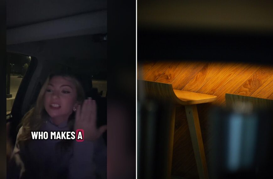 Split image with the cover of @mydearest.jo's TikTok video, where a woman in a dark car at night waves her hand under the words WHO MAKES A, on the left and an Unsplash photo by Penfer on the right showing a row of wooden stools on a wooden floor