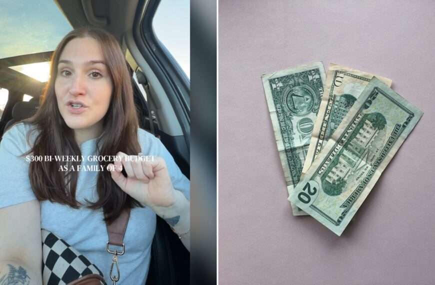 Split image with the cover of @jennangary's TikTok video, where a woman in a light blue t-shirt with a checkered bag strap talks from a car under the words $300 bi-weekly grocery budget as a family of 4, on the left and an Unsplash photo by Ryan Quintal on the right showing the back of American one, ten and twenty dollar bills