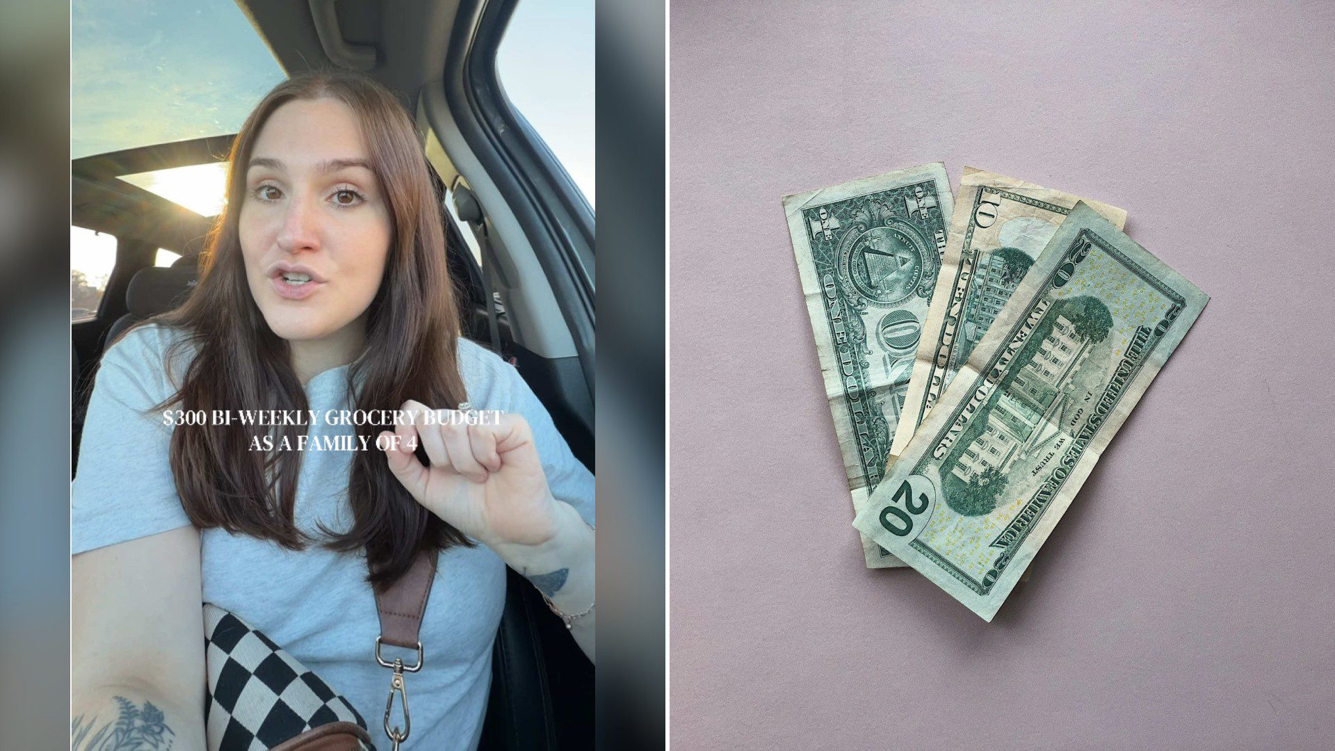 Split image with the cover of @jennangary's TikTok video, where a woman in a light blue t-shirt with a checkered bag strap talks from a car under the words $300 bi-weekly grocery budget as a family of 4, on the left and an Unsplash photo by Ryan Quintal on the right showing the back of American one, ten and twenty dollar bills