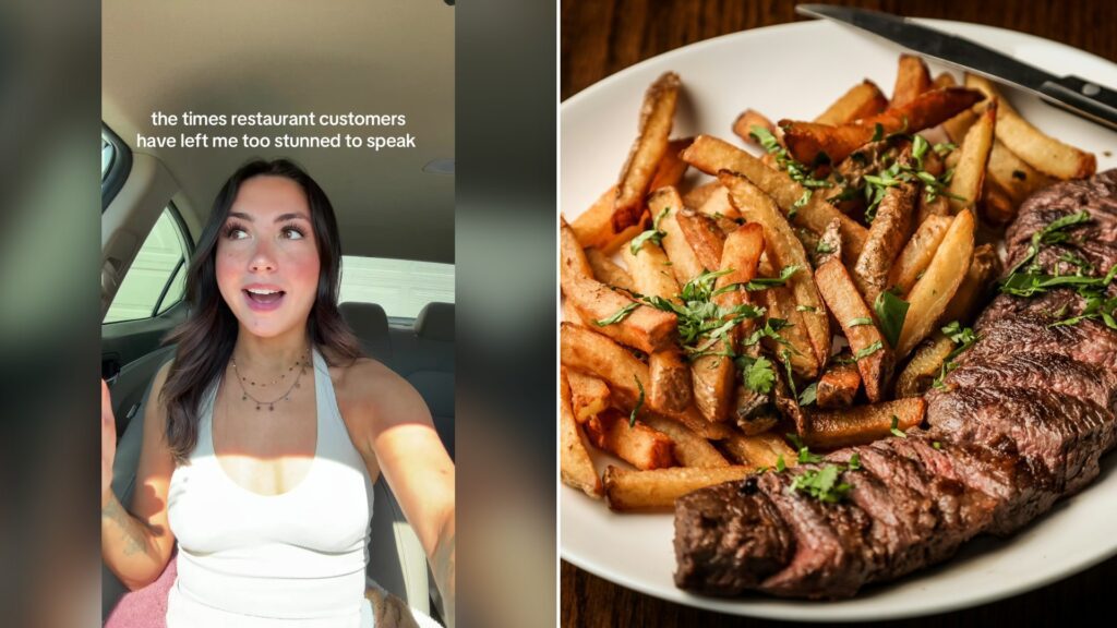 Split image with the cover of @kellybrooke.m's TikTok video, where a woman in a white halter top talks from a car under the words the times restaurant customers have left me too stunned to speak, on the left and an Unsplash photo by Tim Toomey on the right showing a sliced steak on a white ceramic plate