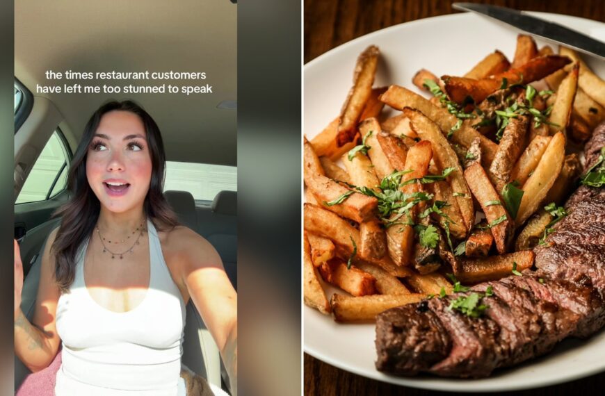 Split image with the cover of @kellybrooke.m's TikTok video, where a woman in a white halter top talks from a car under the words the times restaurant customers have left me too stunned to speak, on the left and an Unsplash photo by Tim Toomey on the right showing a sliced steak on a white ceramic plate