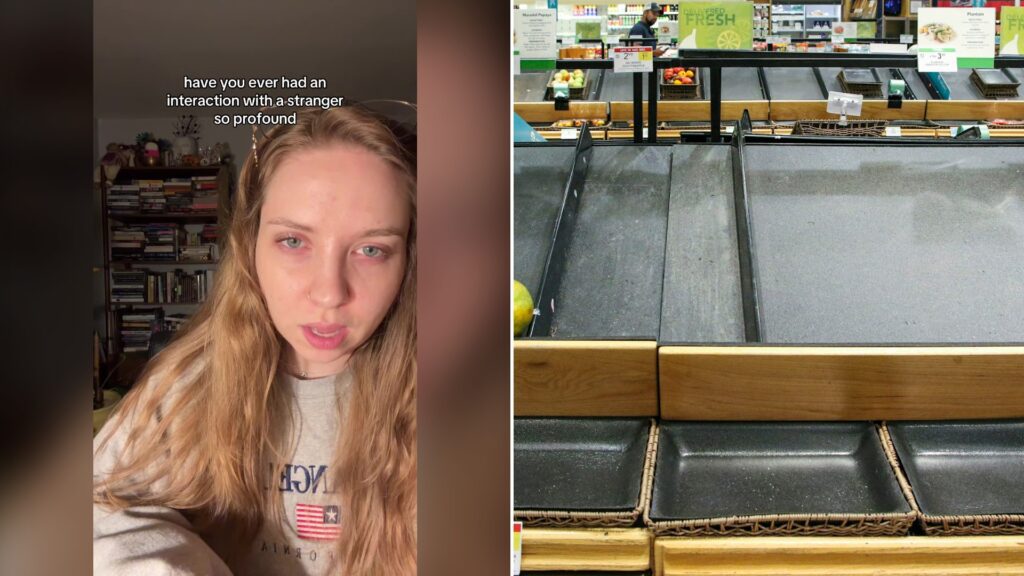 Split image with the cover of @whatsinthekoolaid's TikTok video, where a woman with long blonde hair in a gray sweatshirt stands in front of a bookshelf under the words have you ever had an interaction with a stranger so profound, on the left and an Unsplash photo by Mick Haupt on the right showing a blue and brown wooden store counter