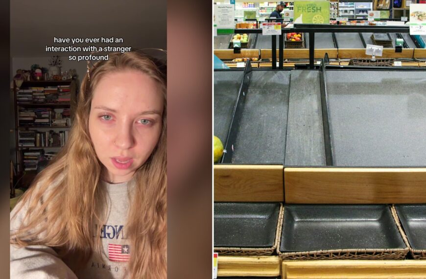 Split image with the cover of @whatsinthekoolaid's TikTok video, where a woman with long blonde hair in a gray sweatshirt stands in front of a bookshelf under the words have you ever had an interaction with a stranger so profound, on the left and an Unsplash photo by Mick Haupt on the right showing a blue and brown wooden store counter