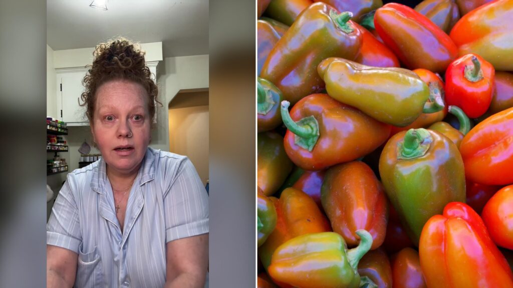 Split image with the cover of @stephanie_unscripted's TikTok video, where a woman with a curly red-brown bun and a light blue striped top stands in a kitchen looking at the camera, on the left and an Unsplash photo by Tadeusz Zachwieja on the right showing pile of colorful bell peppers at a market