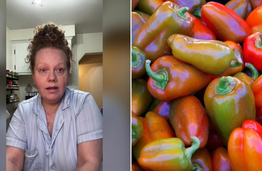 Split image with the cover of @stephanie_unscripted's TikTok video, where a woman with a curly red-brown bun and a light blue striped top stands in a kitchen looking at the camera, on the left and an Unsplash photo by Tadeusz Zachwieja on the right showing pile of colorful bell peppers at a market