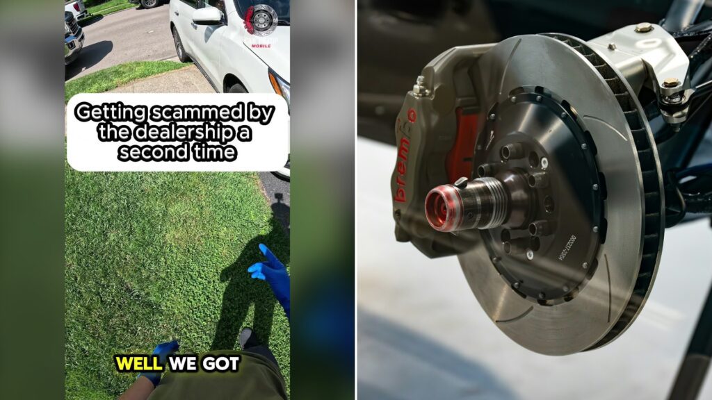 Split image with the cover of @cantstopmobile's TikTok video, where a patch of grass beside a white car with a blue-gloved hand at the edge, under the text 'Getting scammed by the dealership a second time' and 'WELL WE GOT', on the left and an Unsplash photo by Toby Hall on the right showing close-up of a car brake rotor