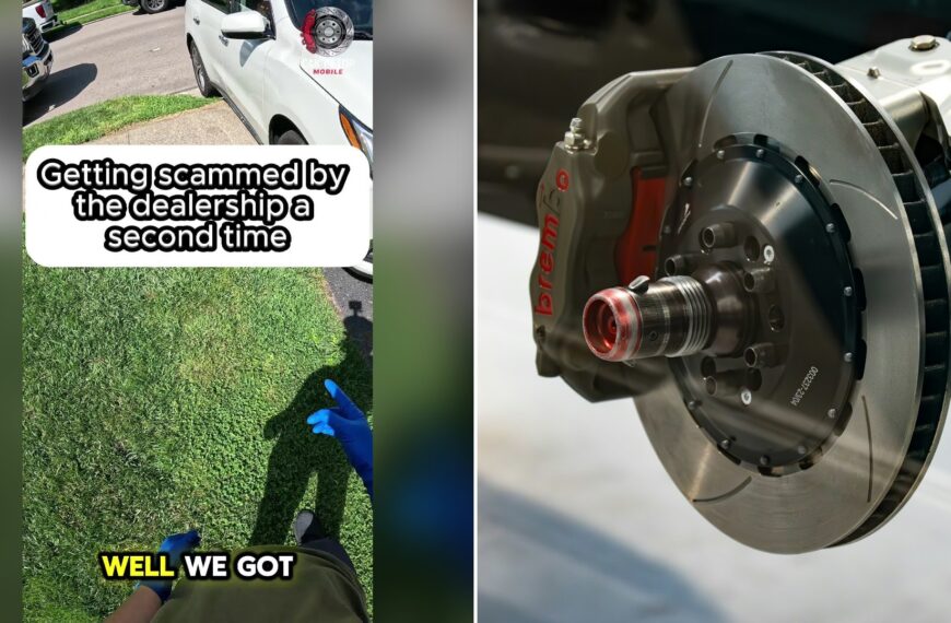 Split image with the cover of @cantstopmobile's TikTok video, where a patch of grass beside a white car with a blue-gloved hand at the edge, under the text 'Getting scammed by the dealership a second time' and 'WELL WE GOT', on the left and an Unsplash photo by Toby Hall on the right showing close-up of a car brake rotor