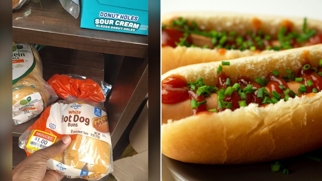Split image with the cover of @krissygregg2's TikTok video, where a hand holds a bag of Kroger white hot dog buns with a reduced $1.00 sticker on a store shelf, on the left and an Unsplash photo by Mateusz Feliksik on the right showing a hot dog sandwich on a white ceramic plate