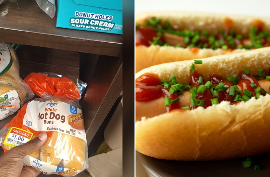 Split image with the cover of @krissygregg2's TikTok video, where a hand holds a bag of Kroger white hot dog buns with a reduced $1.00 sticker on a store shelf, on the left and an Unsplash photo by Mateusz Feliksik on the right showing a hot dog sandwich on a white ceramic plate
