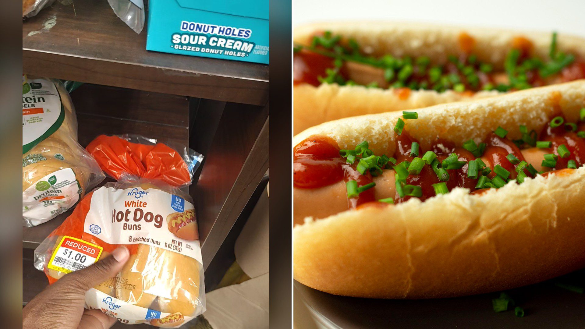 Split image with the cover of @krissygregg2's TikTok video, where a hand holds a bag of Kroger white hot dog buns with a reduced $1.00 sticker on a store shelf, on the left and an Unsplash photo by Mateusz Feliksik on the right showing a hot dog sandwich on a white ceramic plate