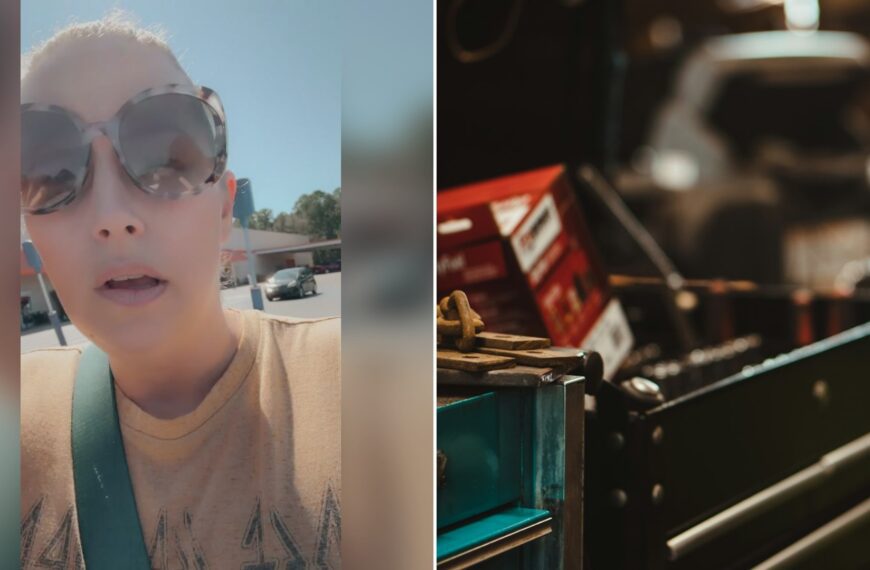Cover of @elliewithansh's TikTok video beside an Unsplash photo by Dean's Photo of a black and red tool cabinet in a repair shop.