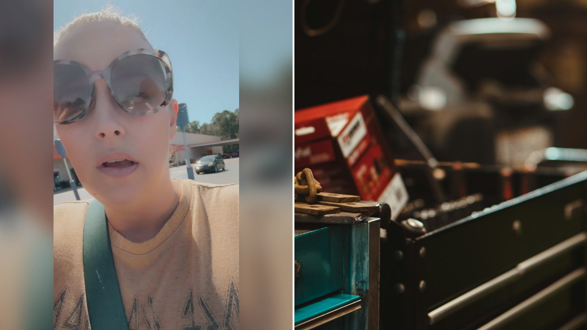 Cover of @elliewithansh's TikTok video beside an Unsplash photo by Dean's Photo of a black and red tool cabinet in a repair shop.
