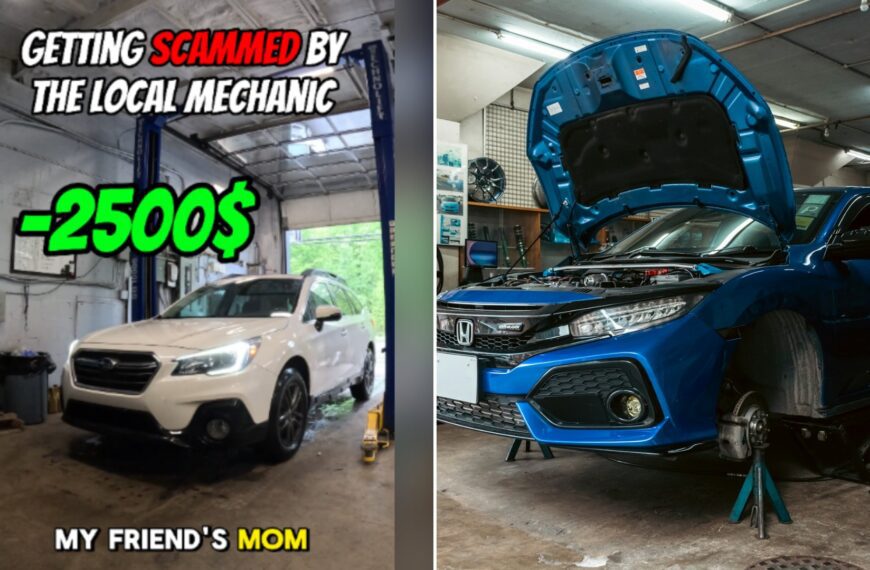 Split image with the cover of @mattieflips's TikTok video, where a white Subaru wagon in a garage bay under the words Getting scammed by the local mechanic -2500$ my friend's mom, on the left and an Unsplash photo by Zoshua Colah on the right showing a blue car with its hood open on a lift in an auto garage