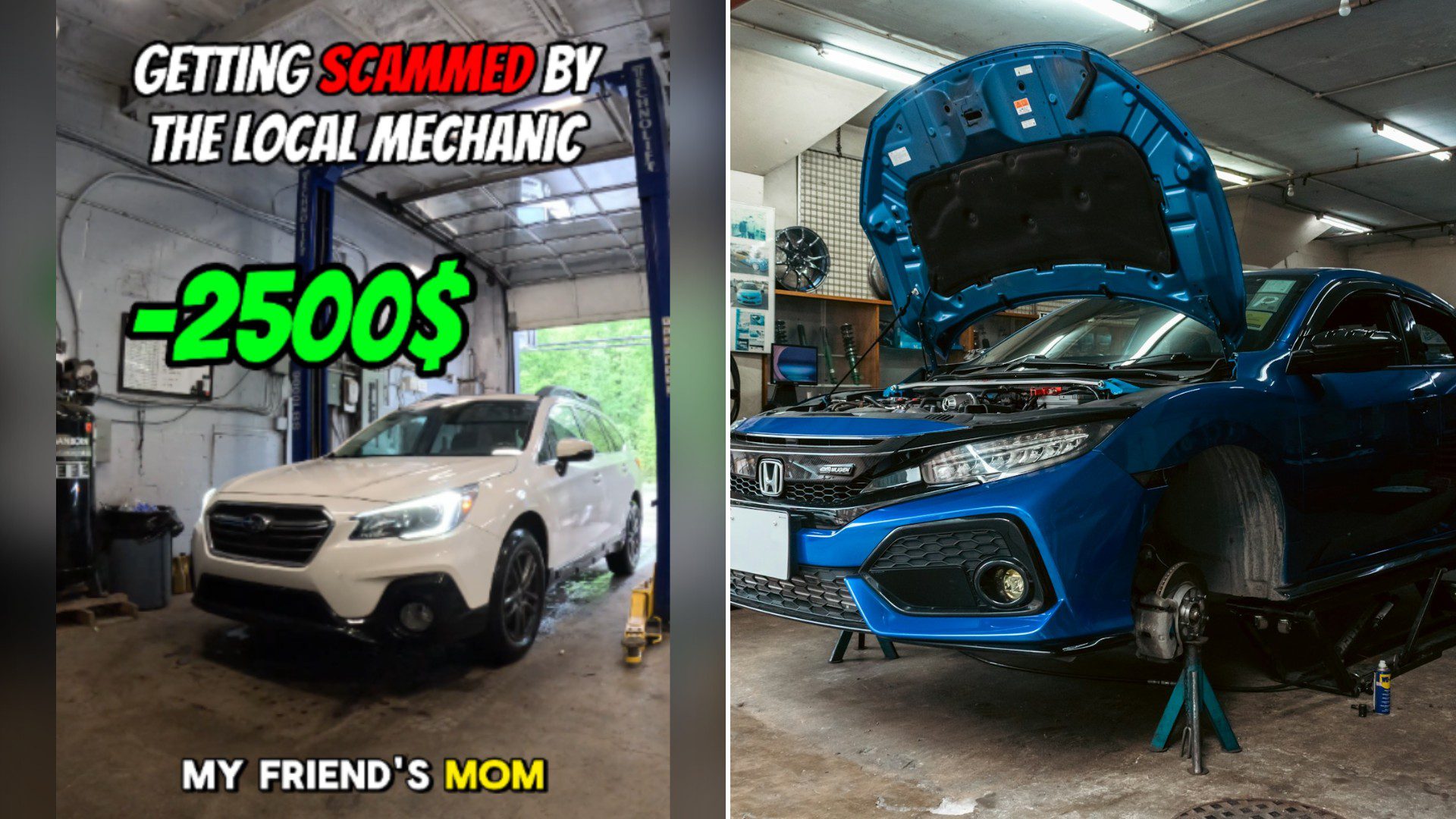 Split image with the cover of @mattieflips's TikTok video, where a white Subaru wagon in a garage bay under the words Getting scammed by the local mechanic -2500$ my friend's mom, on the left and an Unsplash photo by Zoshua Colah on the right showing a blue car with its hood open on a lift in an auto garage