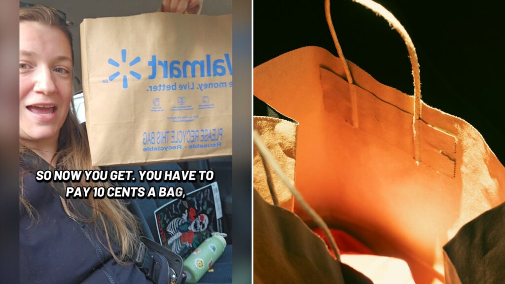 Split image with the cover of @bethanyg66's TikTok video, where a woman holds up a brown Walmart paper bag under the words so now you get you have to pay 10 cents a bag, on the left and an Unsplash photo by Hansheng Zhao on the right showing an empty paper shopping bag with handles