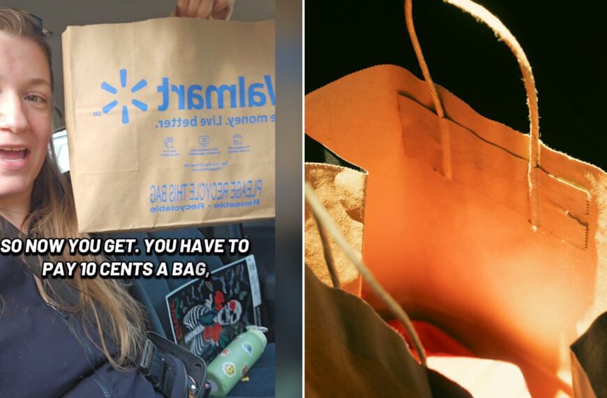 Split image with the cover of @bethanyg66's TikTok video, where a woman holds up a brown Walmart paper bag under the words so now you get you have to pay 10 cents a bag, on the left and an Unsplash photo by Hansheng Zhao on the right showing an empty paper shopping bag with handles