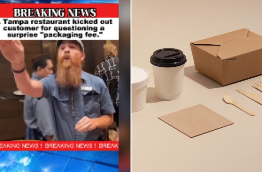 Split image with the cover of @martyzimmer0's TikTok video, where a news-style graphic reading BREAKING NEWS A Tampa restaurant kicked out customer for questioning a surprise packaging fee, showing a bearded man in a gray shirt with his arm raised, on the left and an Unsplash photo by Clair on the right showing a takeout box beside a cup of coffee