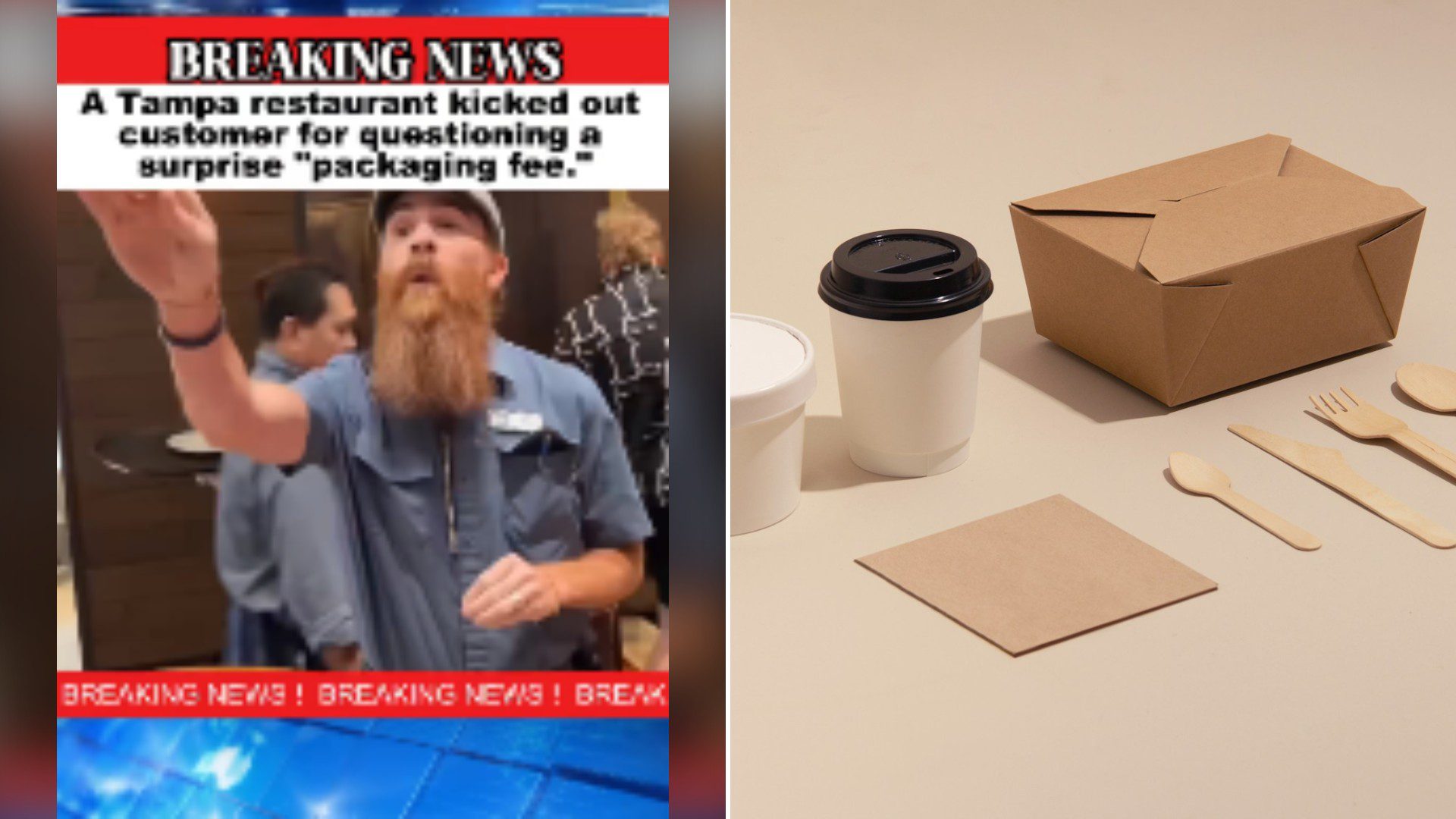 Split image with the cover of @martyzimmer0's TikTok video, where a news-style graphic reading BREAKING NEWS A Tampa restaurant kicked out customer for questioning a surprise packaging fee, showing a bearded man in a gray shirt with his arm raised, on the left and an Unsplash photo by Clair on the right showing a takeout box beside a cup of coffee