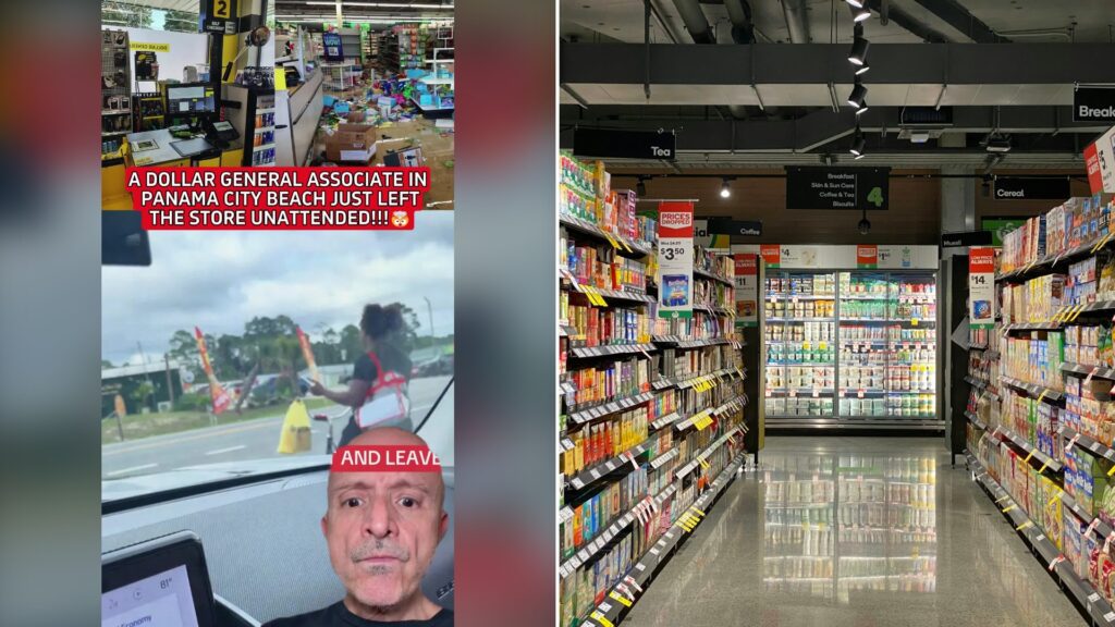 Split image with the cover of @thukieu402's TikTok video, where a split screen with a messy store interior and the words A Dollar General associate in Panama City Beach just left the store unattended and leave, above a man in a black shirt looking at the camera, on the left and an Unsplash photo by Franki Chamaki on the right showing a store aisle with stocked shelves