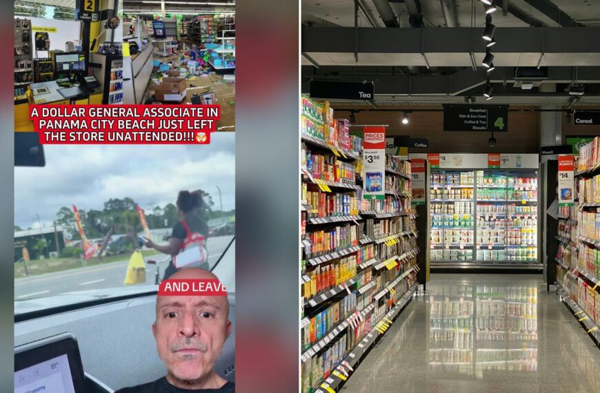Split image with the cover of @thukieu402's TikTok video, where a split screen with a messy store interior and the words A Dollar General associate in Panama City Beach just left the store unattended and leave, above a man in a black shirt looking at the camera, on the left and an Unsplash photo by Franki Chamaki on the right showing a store aisle with stocked shelves