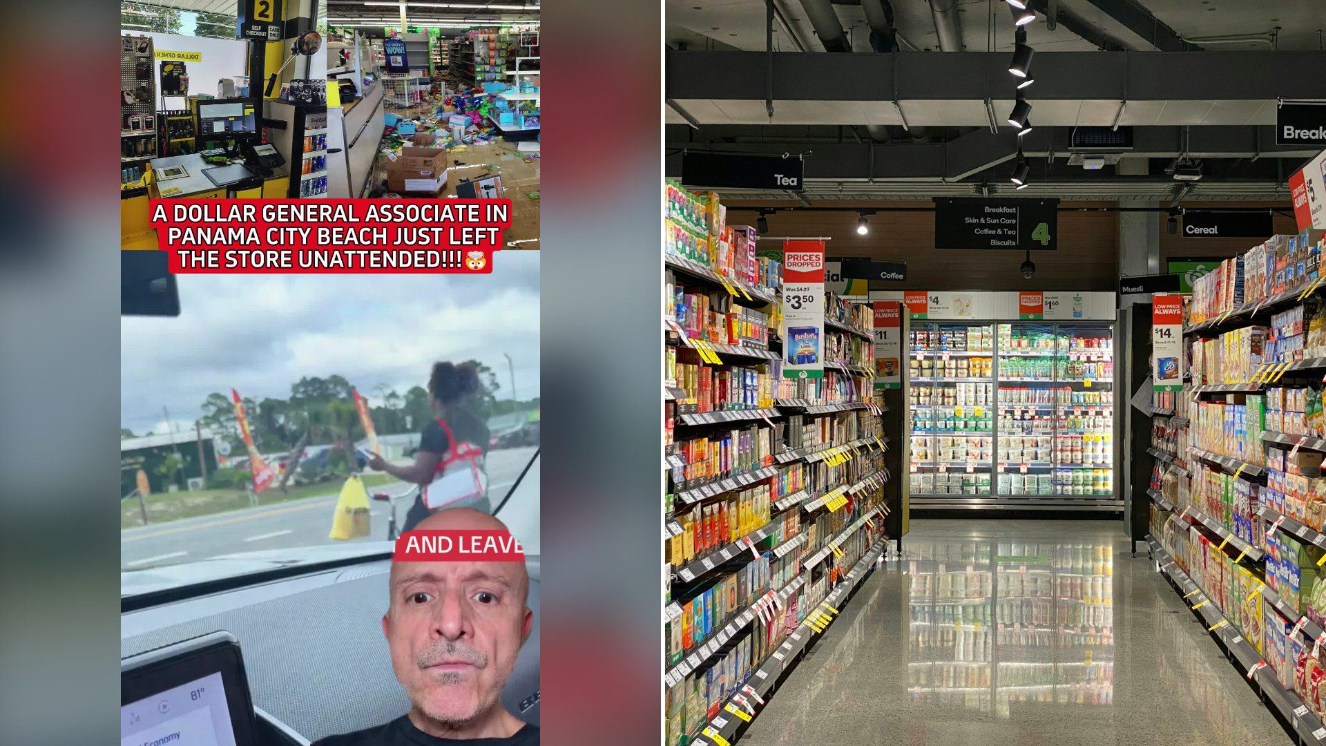 Split image with the cover of @thukieu402's TikTok video, where a split screen with a messy store interior and the words A Dollar General associate in Panama City Beach just left the store unattended and leave, above a man in a black shirt looking at the camera, on the left and an Unsplash photo by Franki Chamaki on the right showing a store aisle with stocked shelves