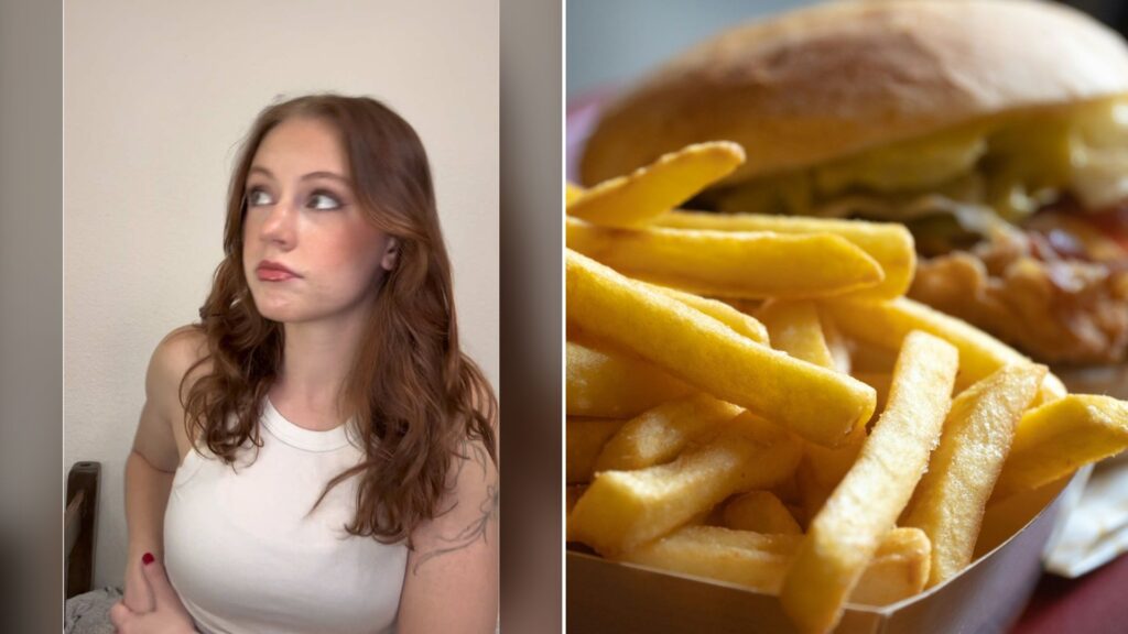 Split image with the cover of @kimber.cuts's TikTok video, where a woman with red hair in a white tank top looks off to the side with a skeptical expression, on the left and an Unsplash photo by Manuel Pappacena on the right showing a close-up of a plate with french fries and a chicken sandwich