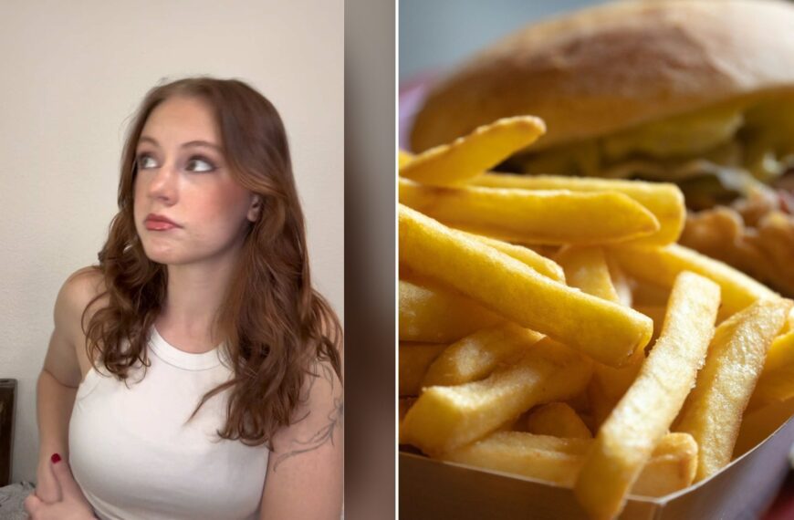 Split image with the cover of @kimber.cuts's TikTok video, where a woman with red hair in a white tank top looks off to the side with a skeptical expression, on the left and an Unsplash photo by Manuel Pappacena on the right showing a close-up of a plate with french fries and a chicken sandwich
