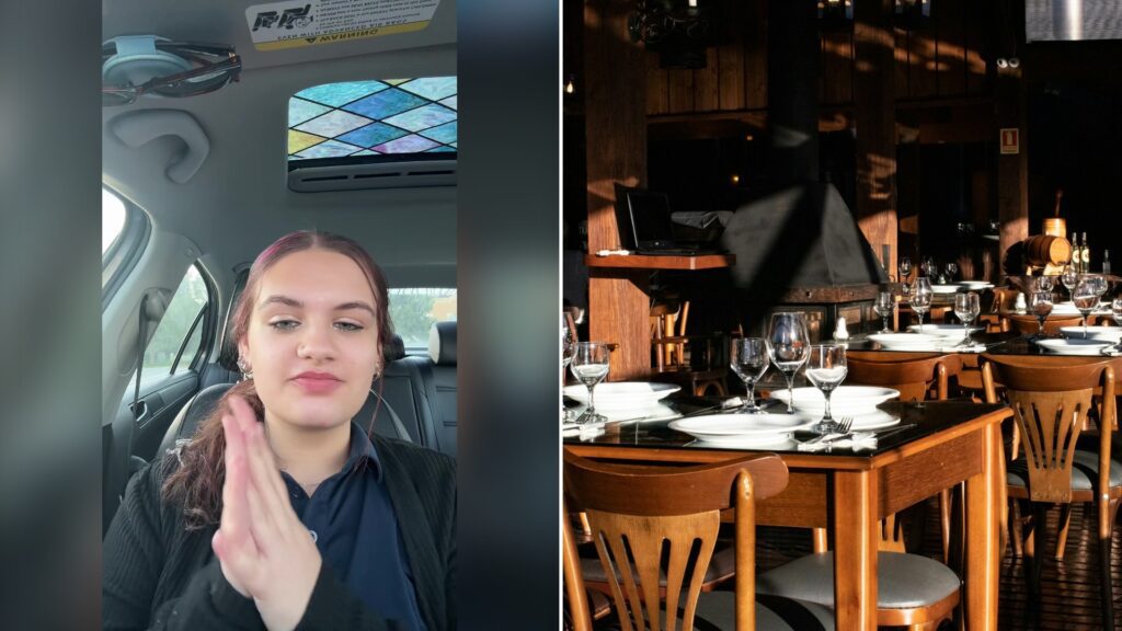 Split image with the cover of @pomegranateblvd's TikTok video, where a woman with dark hair in a navy collared uniform talks from a car with one hand raised, on the left and an Unsplash photo by Vitor Paladini on the right showing a brown wooden table with chairs