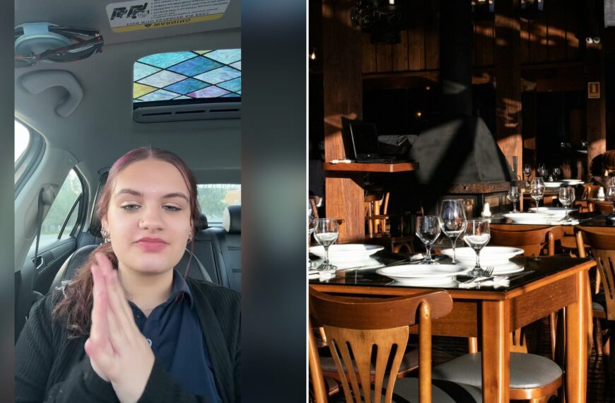 Split image with the cover of @pomegranateblvd's TikTok video, where a woman with dark hair in a navy collared uniform talks from a car with one hand raised, on the left and an Unsplash photo by Vitor Paladini on the right showing a brown wooden table with chairs
