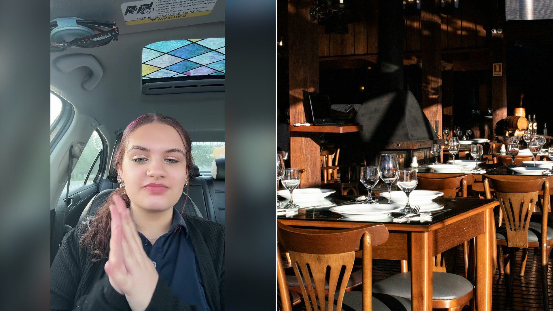 Split image with the cover of @pomegranateblvd's TikTok video, where a woman with dark hair in a navy collared uniform talks from a car with one hand raised, on the left and an Unsplash photo by Vitor Paladini on the right showing a brown wooden table with chairs